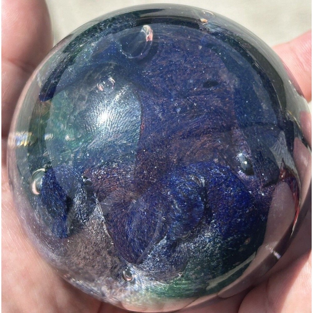 Vintage Art Glass Paperweight Blue Green Swirl Controlled Bubble Sphere 3.5”